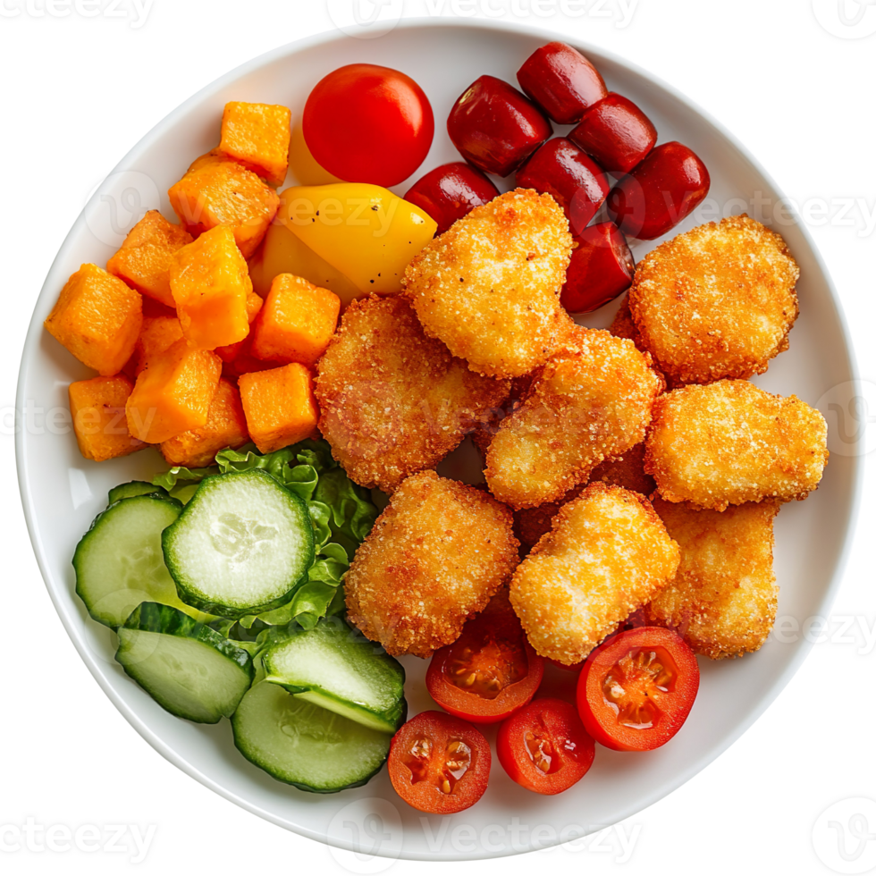 Chicken nuggets and vegetables on a plate isolated on transparent background png
