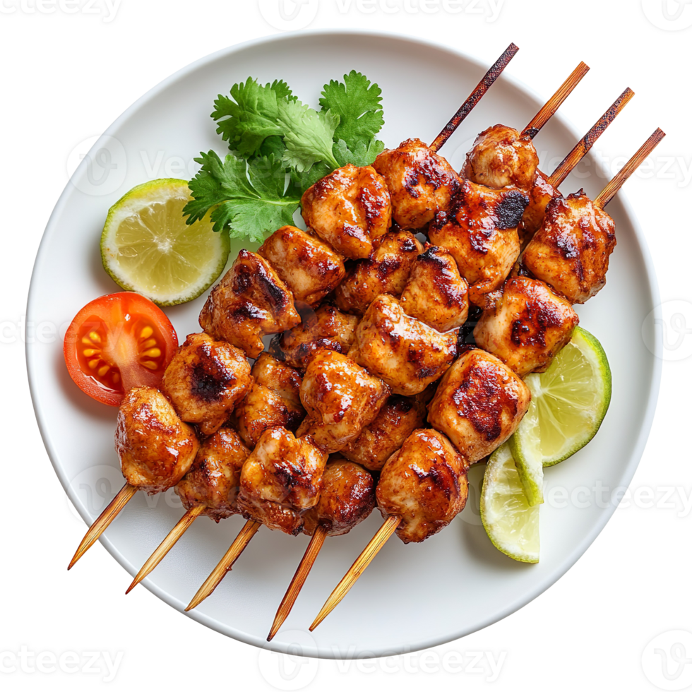 Chicken Satay on a White Plate isolated on transparent background png