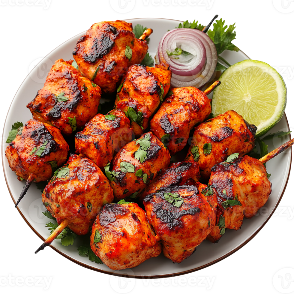 Chicken tikka on a plate isolated on transparent background png