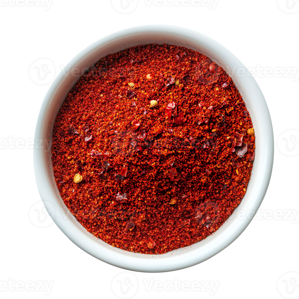 Chili powder top view on white bowl isolated on transparent background png