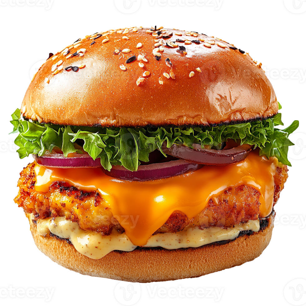Cheesy chicken burger isolated on transparent background png