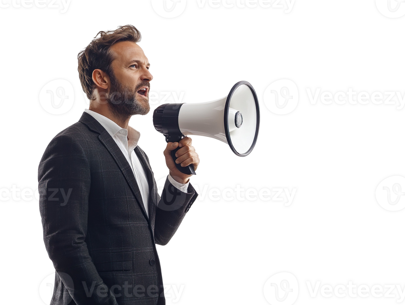 Confident Businessman Announcing with Megaphone isolated on transparent background png