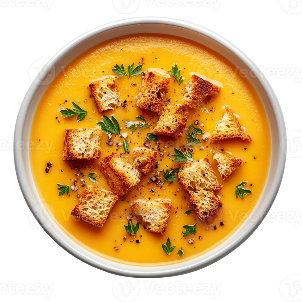 Creamy Butternut Squash Soup with Croutons isolated on transparent background png