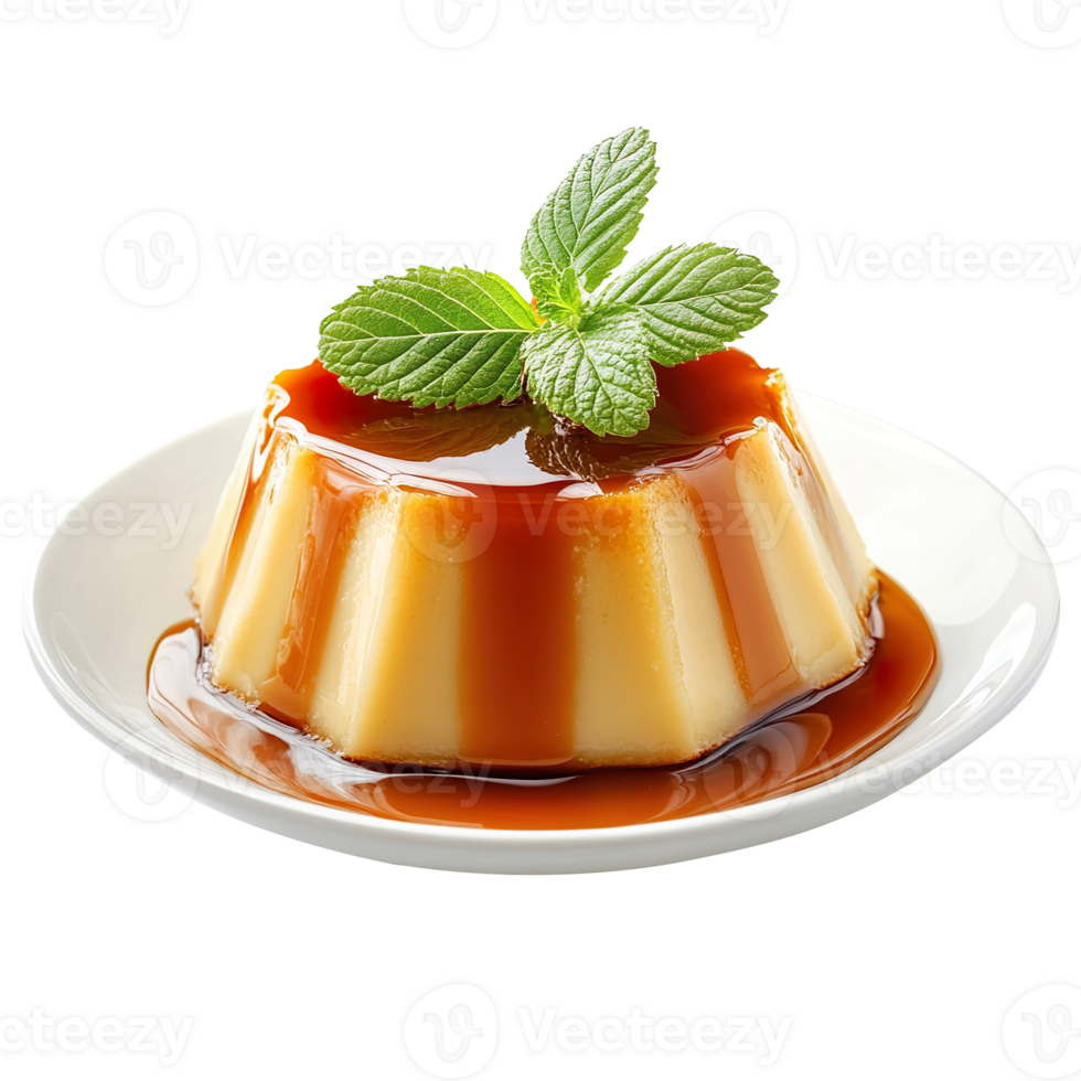Cream caramel pudding with caramel sauce in plate isolated on transparent background png