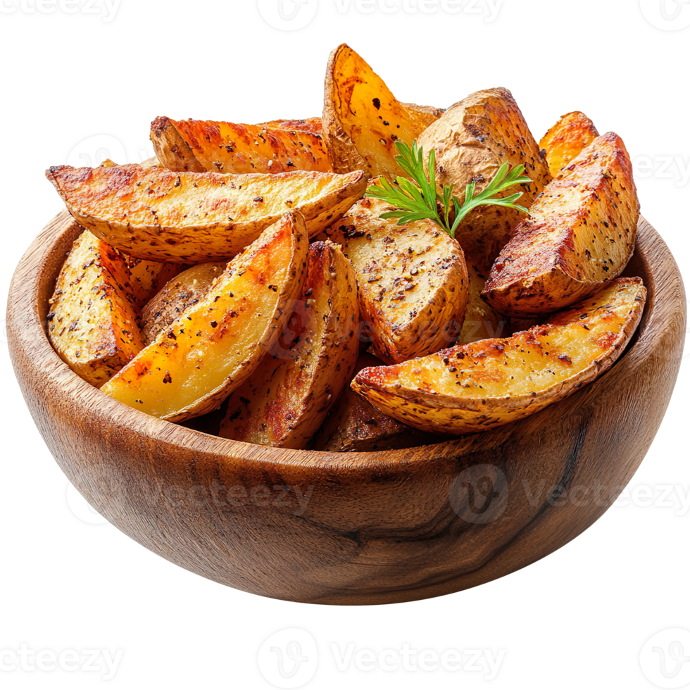 crispy potato wedges in wooden bowl isolated on transparent background png