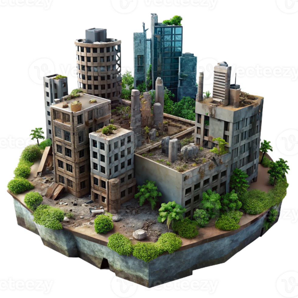 vibrant artistic A Post Apocalyptic Cityscape with Ruined detailed png