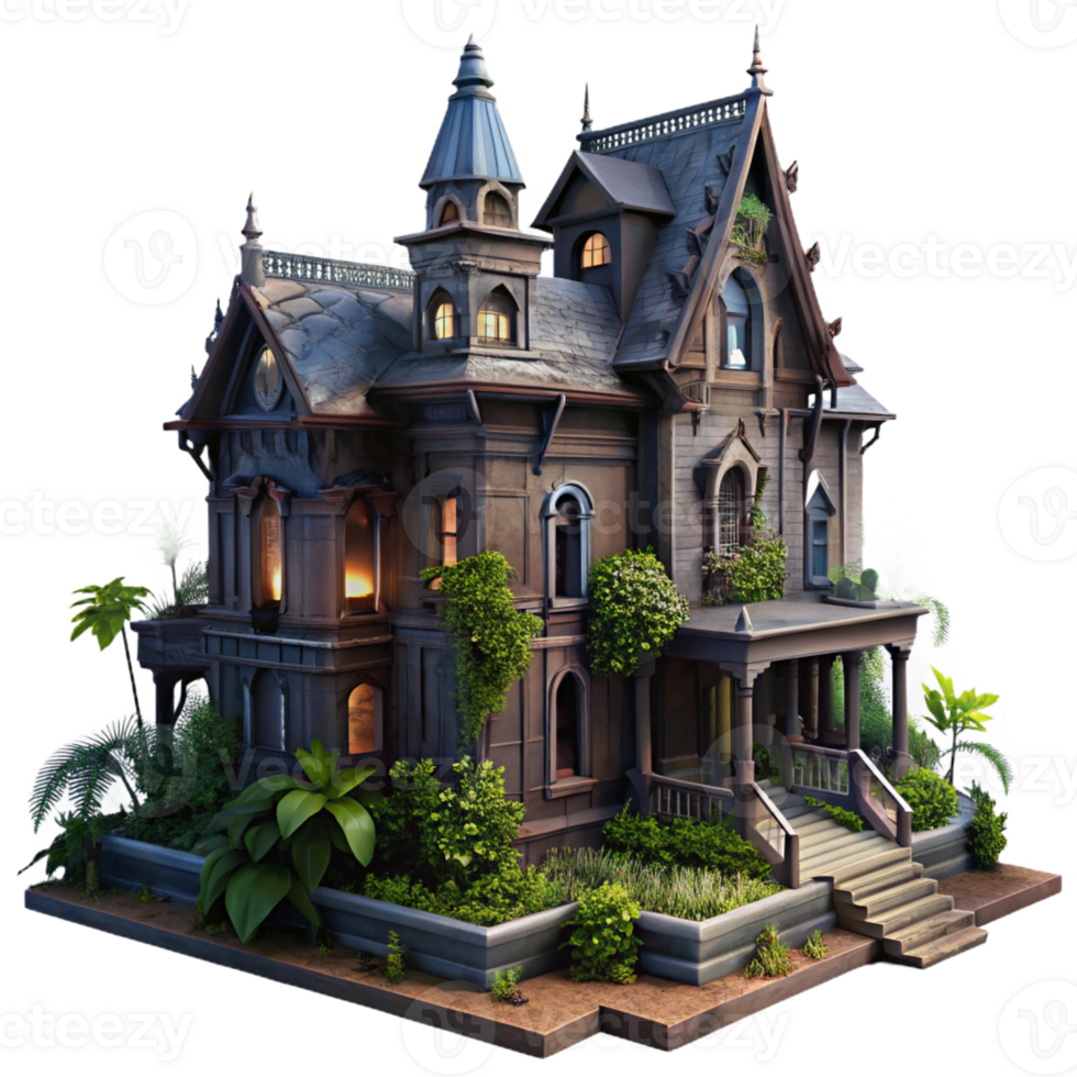 serene classic A Dilapidated Victorian Mansion Overgrown detailed png
