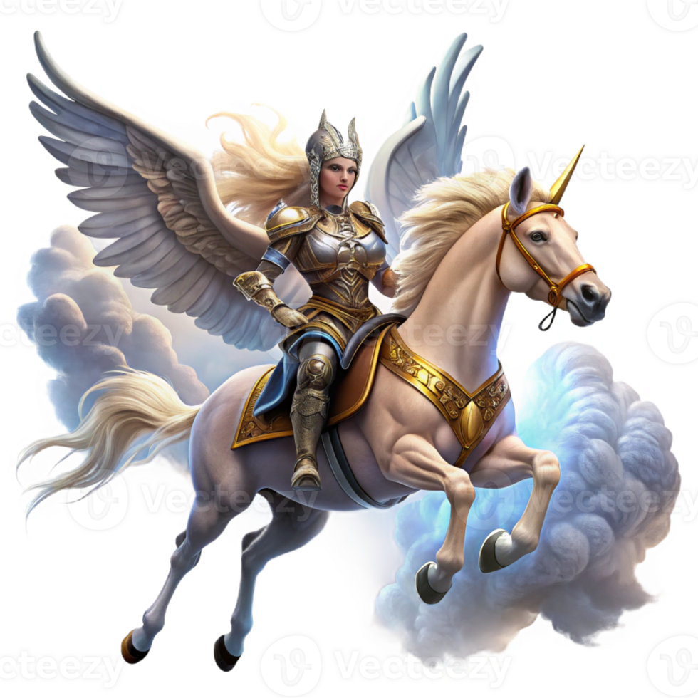 dramatic artistic A Fierce Valkyrie Riding a Winged Horse professional png