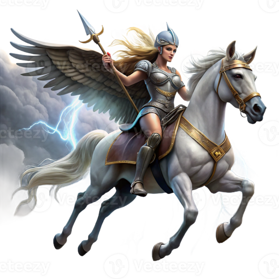 elegant modern A Fierce Valkyrie Riding a Winged Horse authentic png