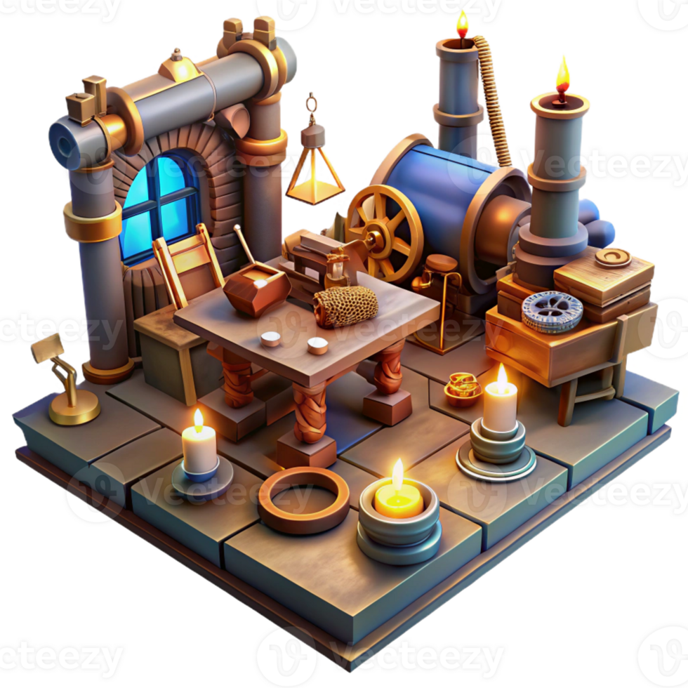 vibrant modern A Scene of a Steampunk Inventor S Workshop detailed png