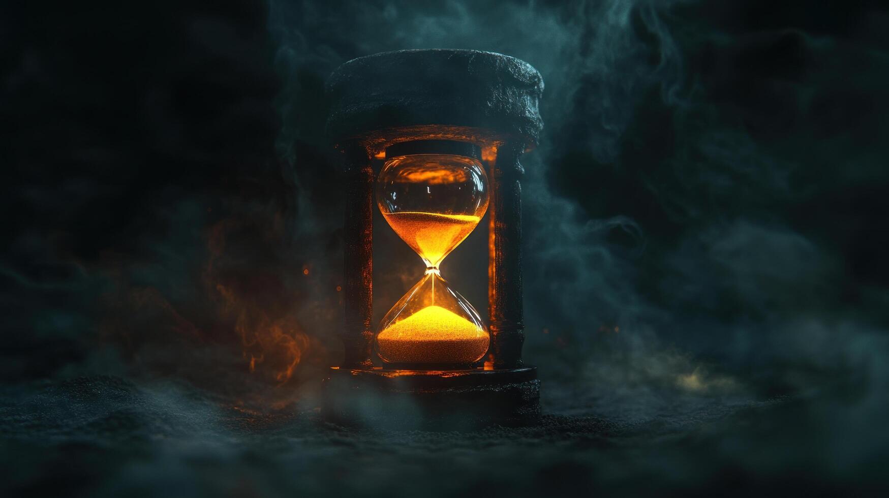 A glowing hourglass surrounded by mist, symbolizing the passage of time. photo
