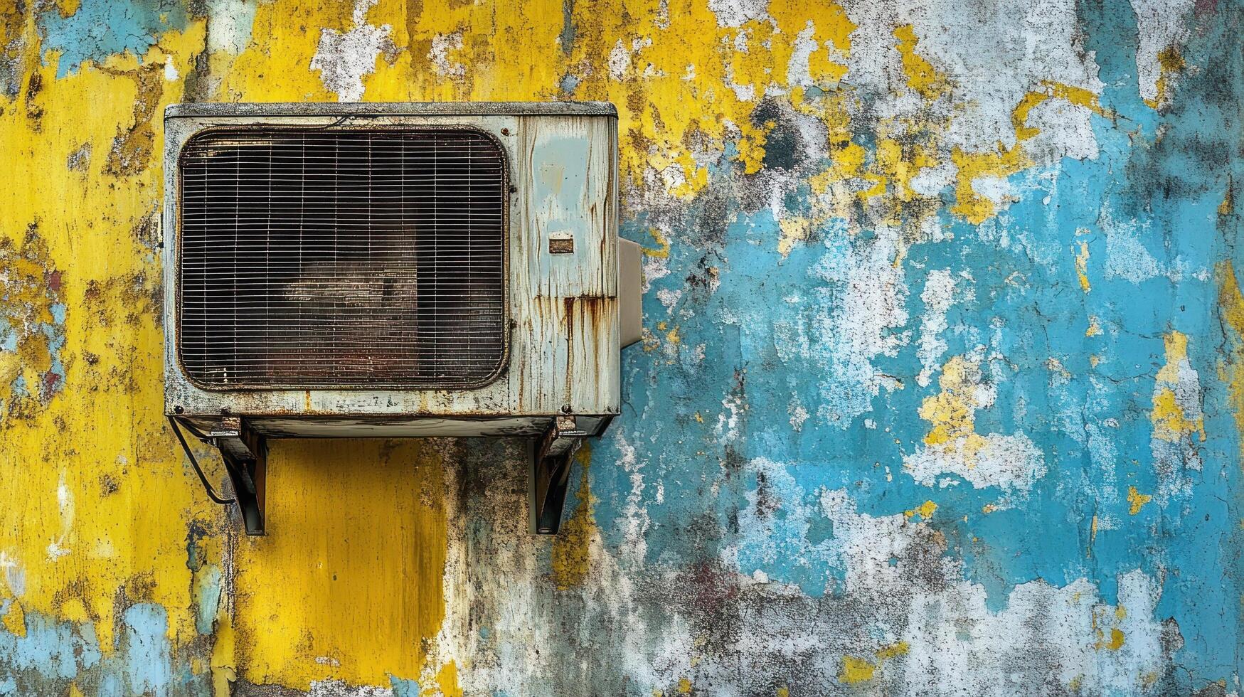 An old air conditioner on a yellow and blue painted wall photo