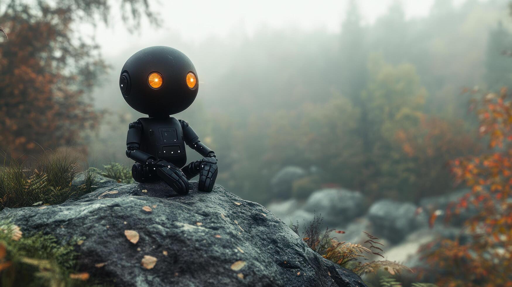 A small robot with glowing eyes sits on a rock in a misty forest setting. photo