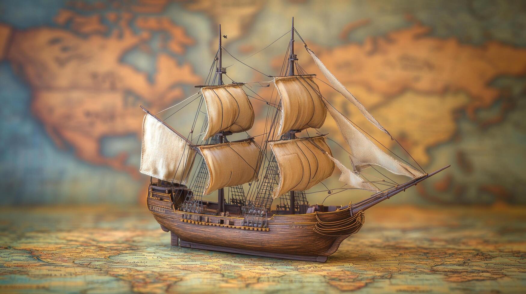A detailed model of a classic sailing ship against a vintage map background. photo