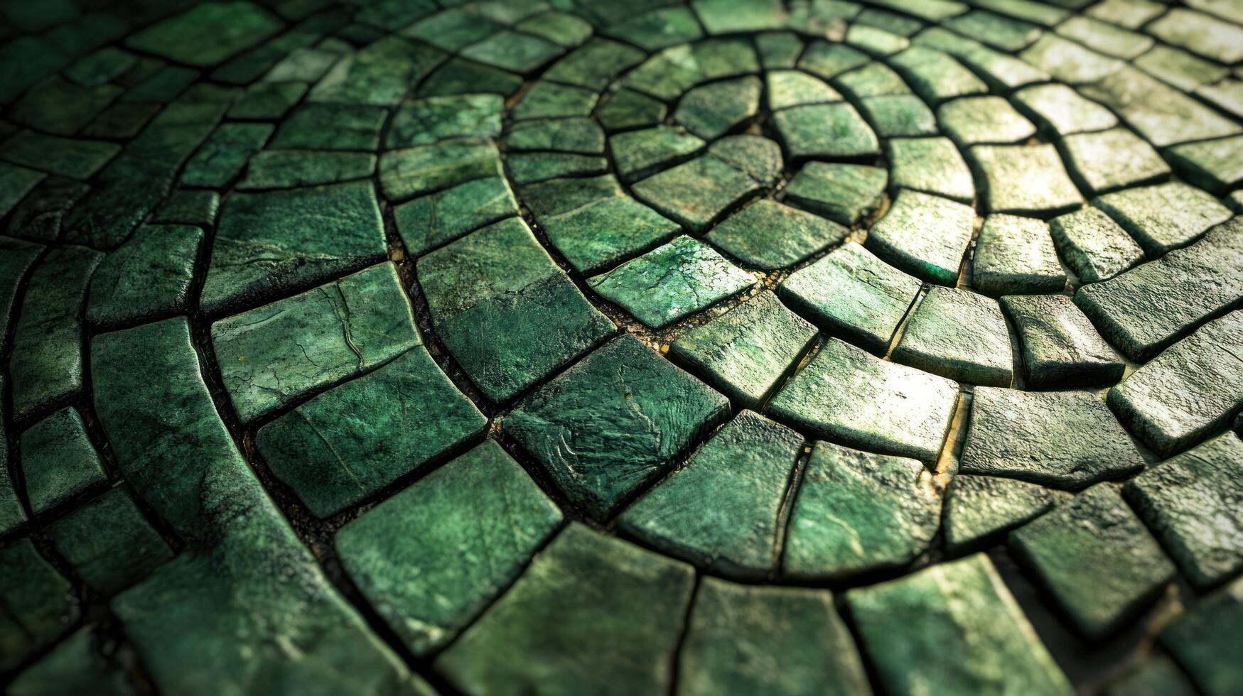 A green stone floor with a circular pattern photo