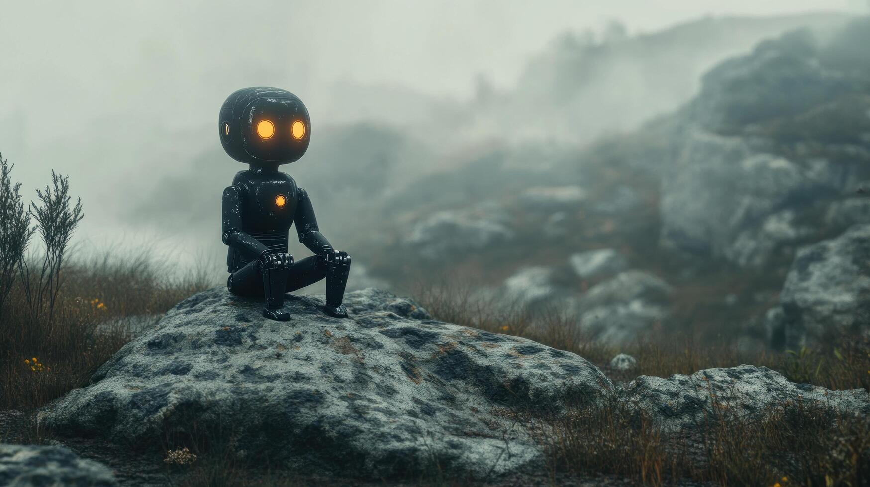 A small robot with glowing eyes sits on a rock in a misty, rocky landscape. photo