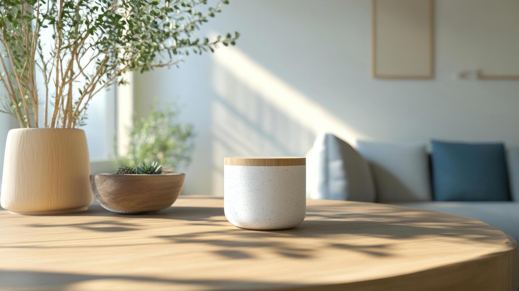 A white container sitting on a table next to a plant photo