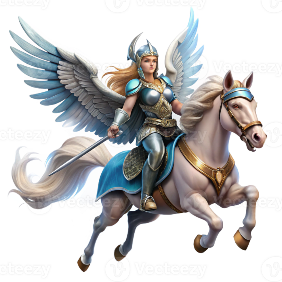 vibrant minimalist A Valkyrie Riding a Winged Horse Across A detailed png