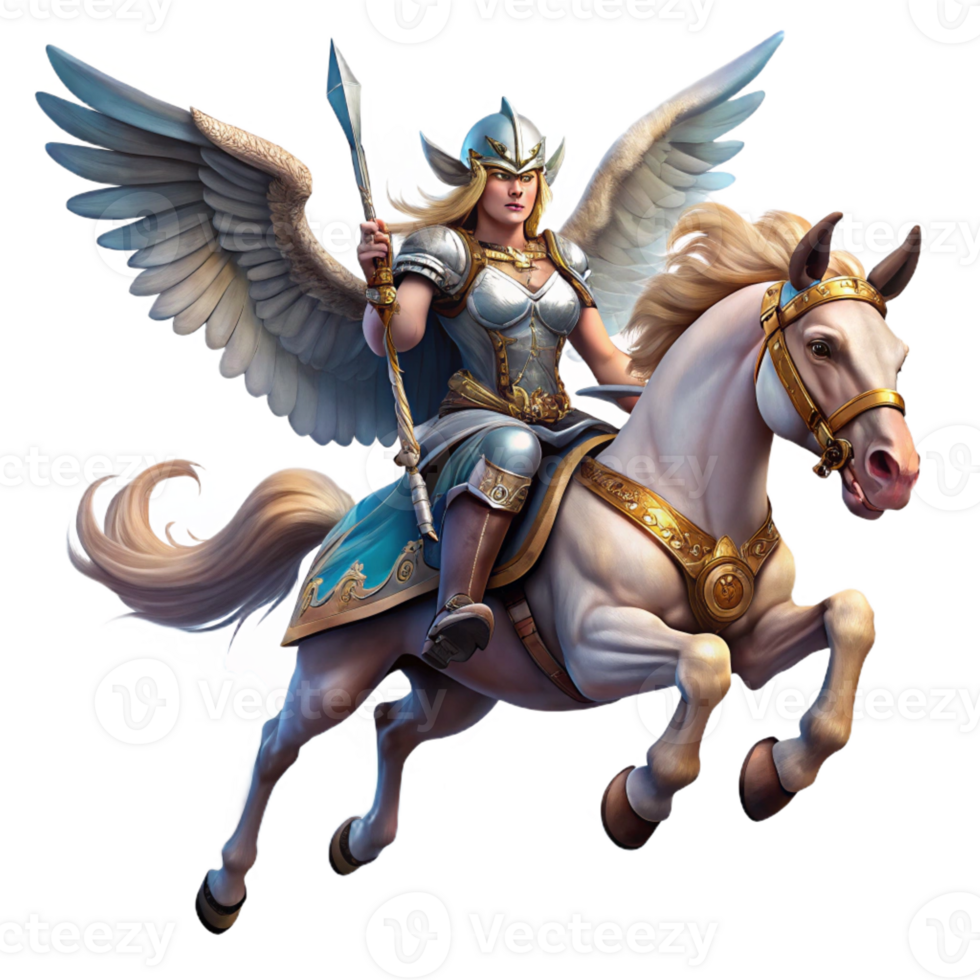 wonderful creative A Valkyrie Riding a Winged Horse Across A detailed png