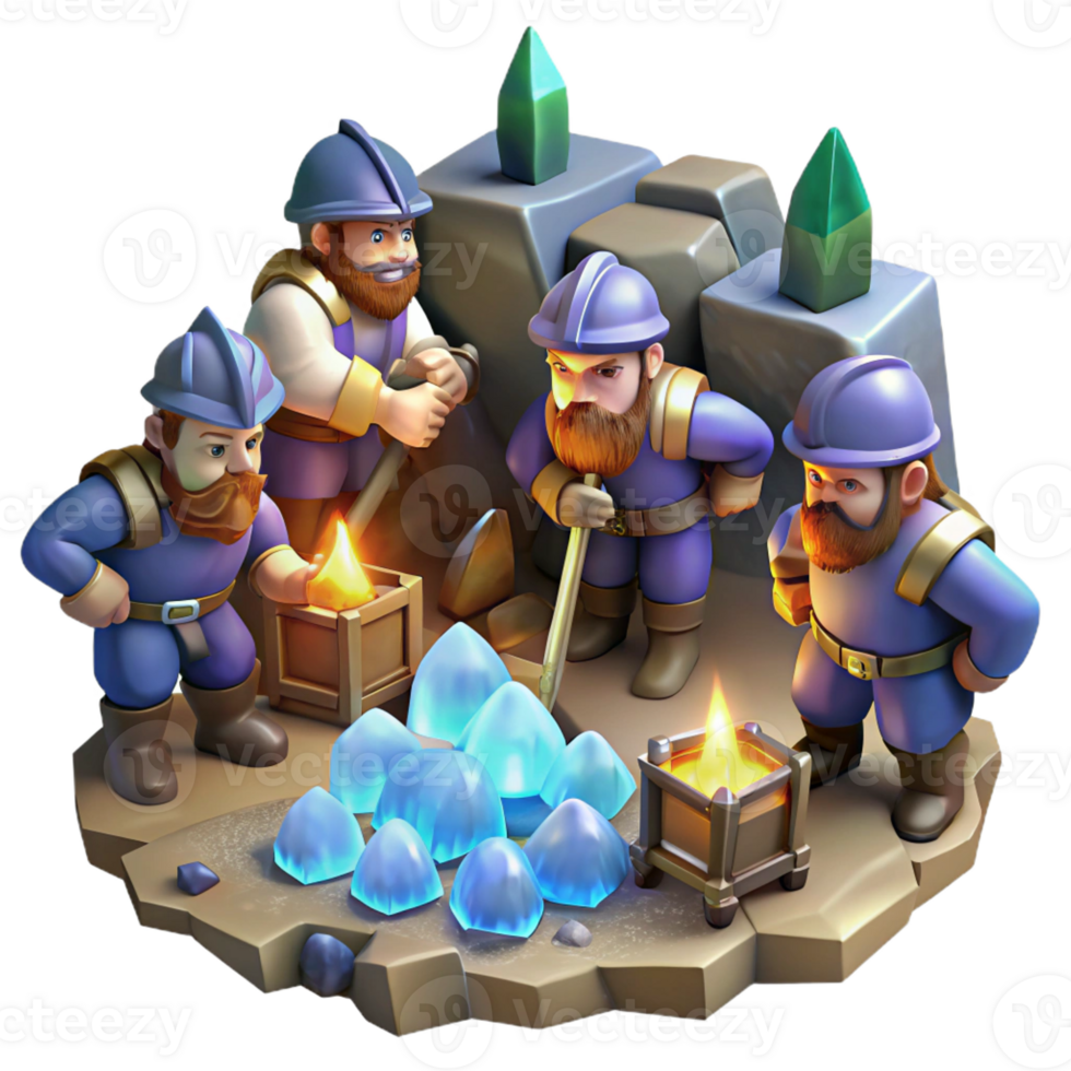 vibrant rustic A Group of Dwarves Mining for Gems in A detailed png