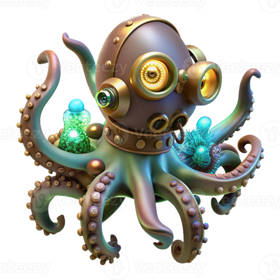 vibrant minimalist A Steampunk Octopus with Brass Tentacles png