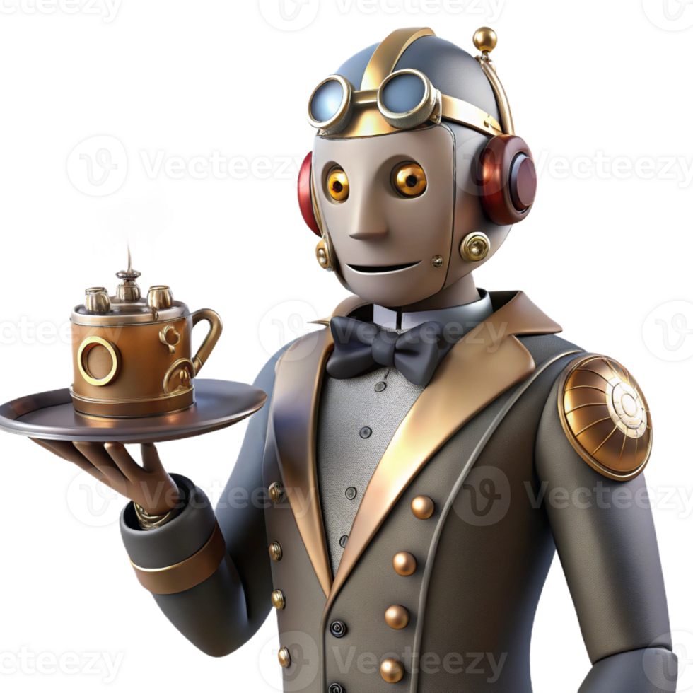 wonderful modern A Steampunk Robot Butler Holding a Silver detailed png