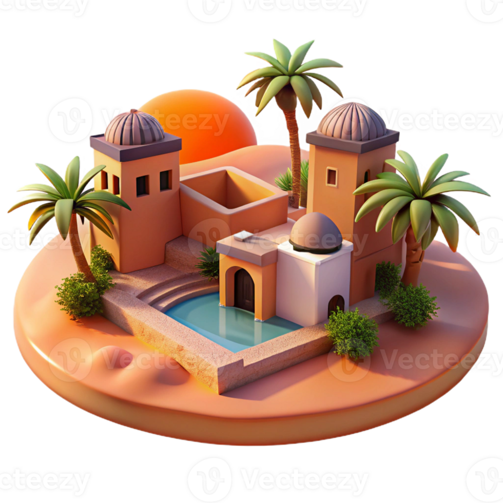 elegant rustic Desert Oasis Adobe Buildings Palm Trees premium png
