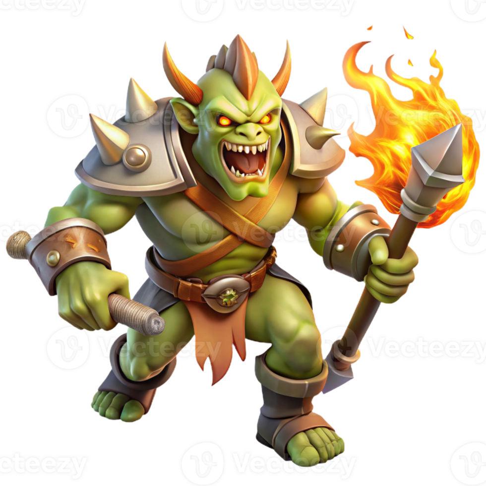 vibrant classic A Fierce Orc Warrior Wielding a Flaming A high quality png