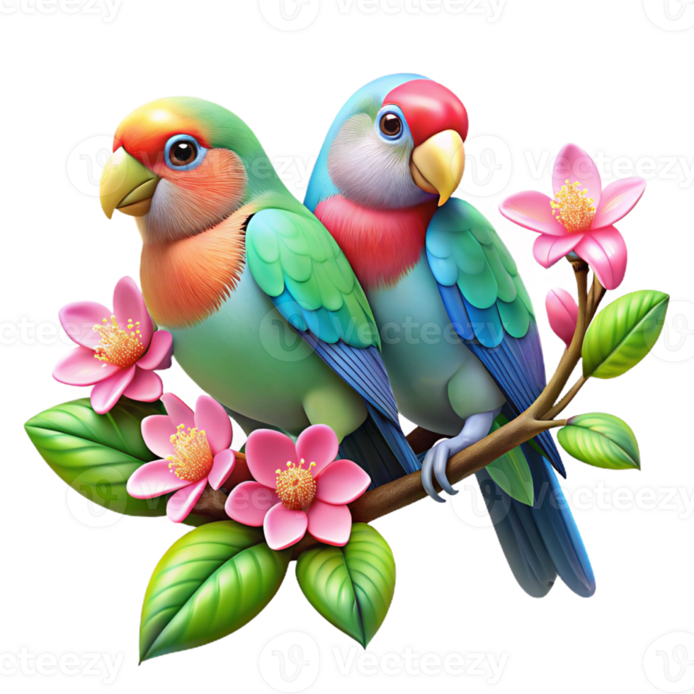 elegant contemporary A Pair of Lovebirds Perched on a Flowering detailed png