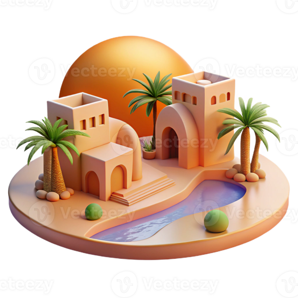wonderful abstract Desert Oasis Adobe Buildings Palm Trees high quality png