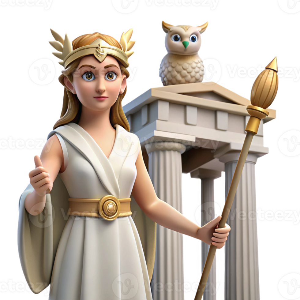 dramatic modern A Wise Athena Holding an Owl and a Spear detailed png