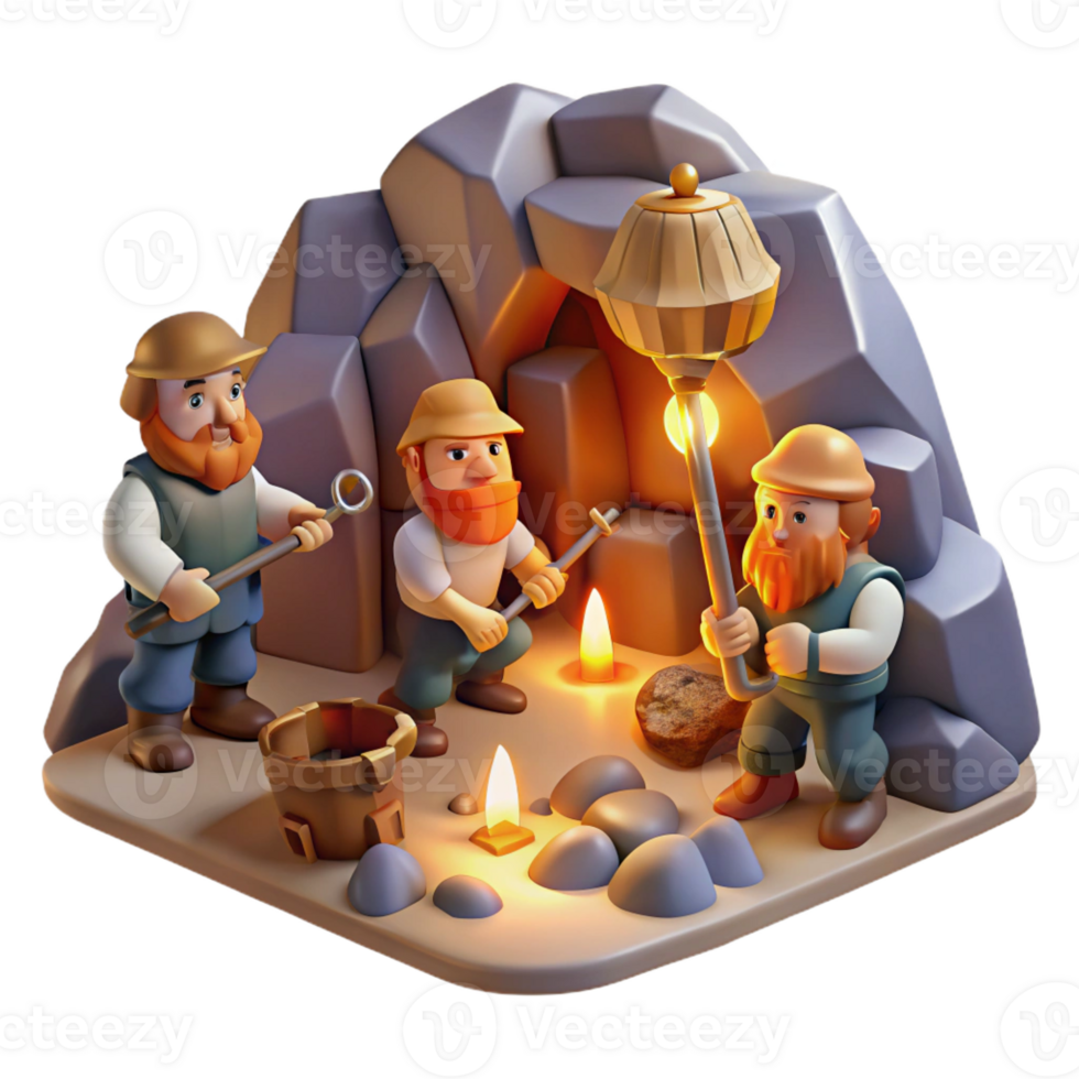 vibrant classic Dwarves Mining for Gems in a Cave high quality png