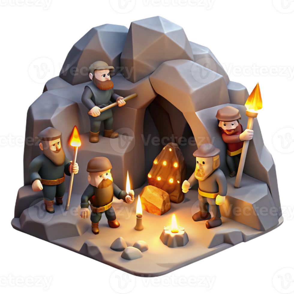 beautiful minimalist Dwarves Mining for Gems in a Cave authentic png