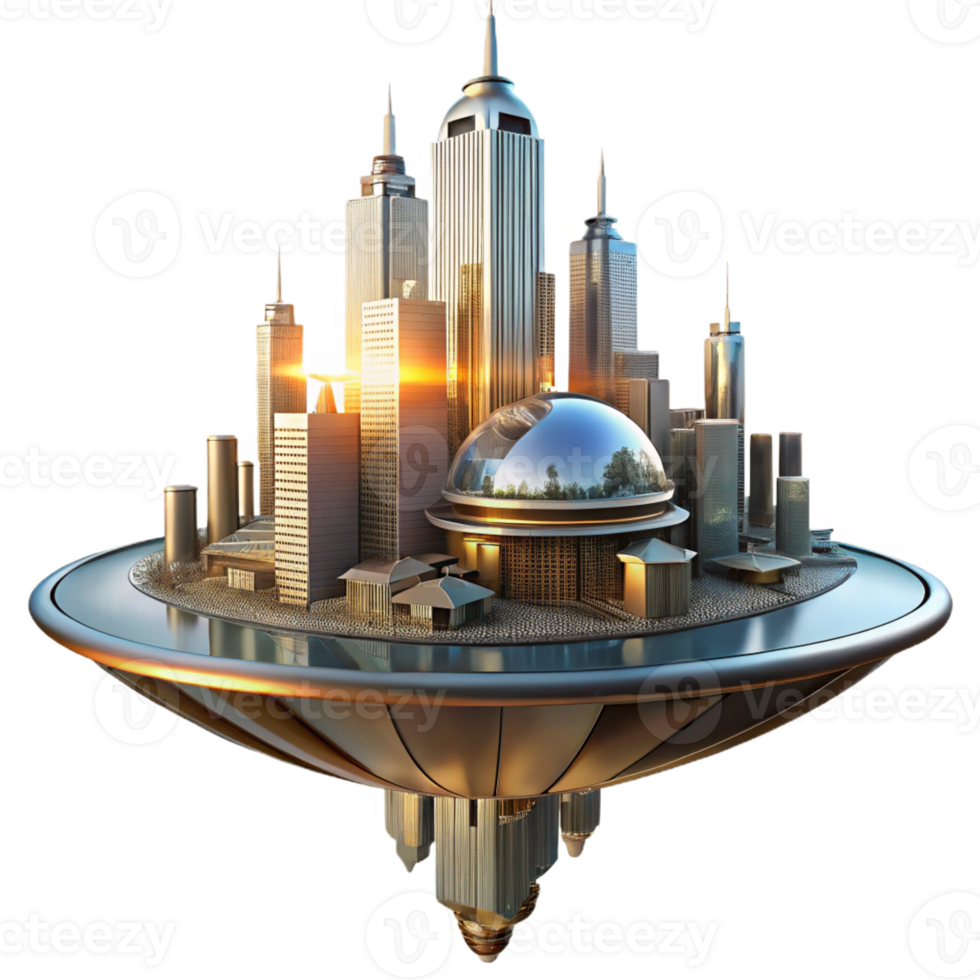 beautiful classic A Futuristic Floating City Sleek Chrome A high resolution png