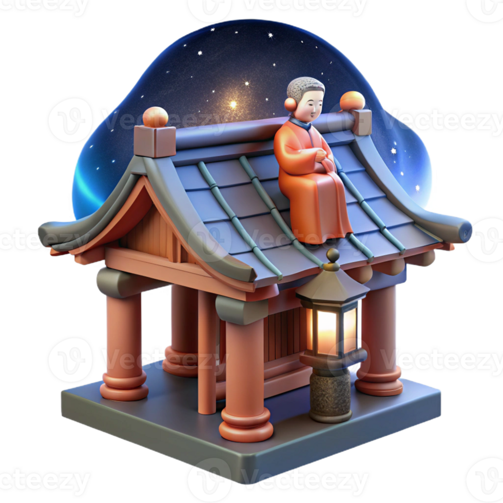 stunning vintage A Stoic Nue Perched on a Rooftop Japanes high quality png
