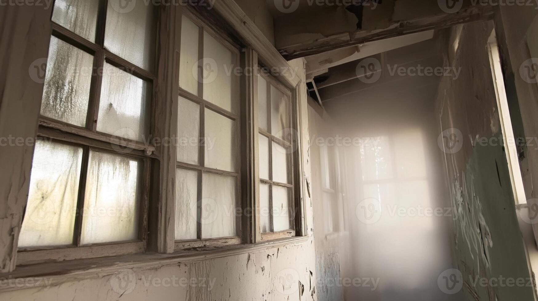 A hallway with a window and a foggy light photo