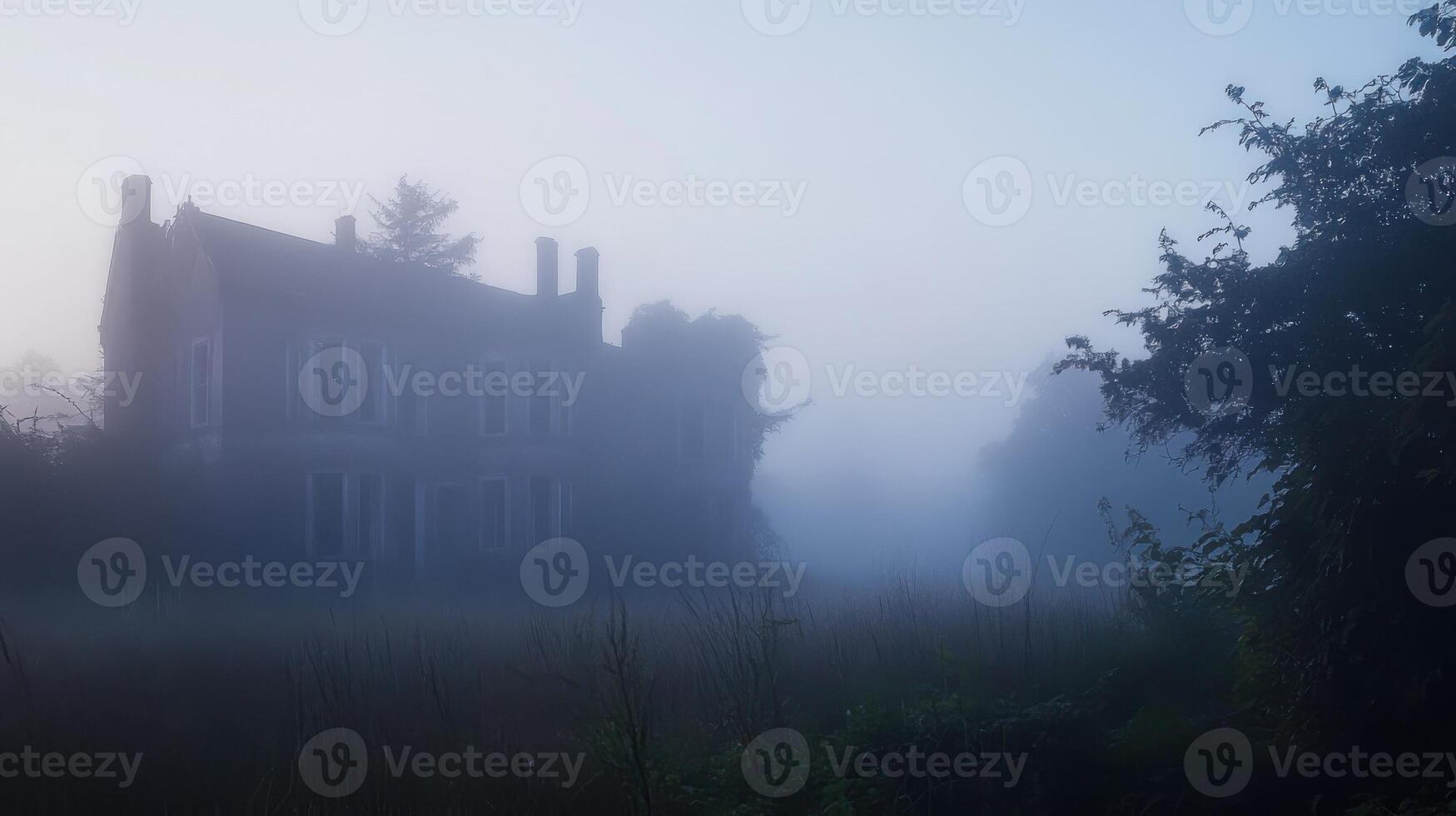An old house in the fog with trees and grass photo