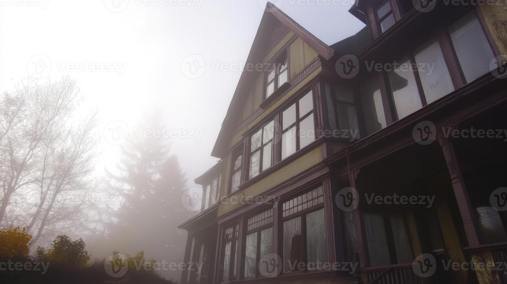 A house in the fog with a porch and windows photo