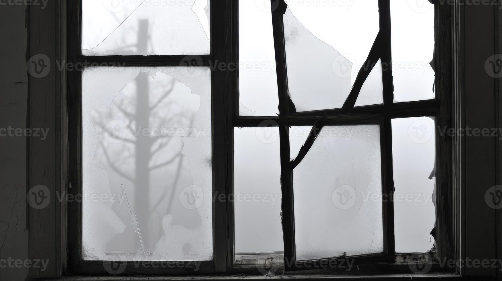 A broken window with a tree in the background photo