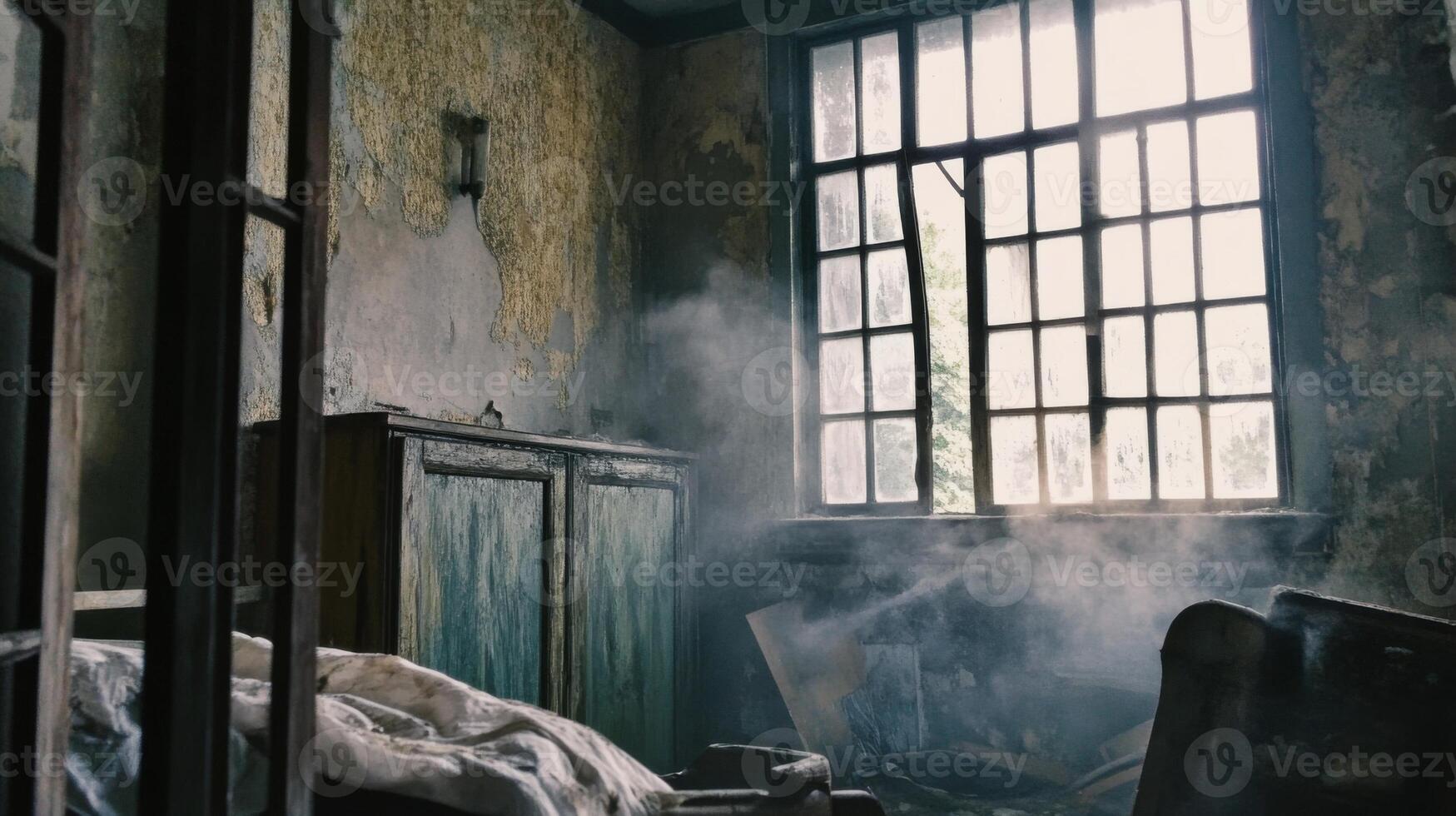 An old room with smoke coming out of the window photo