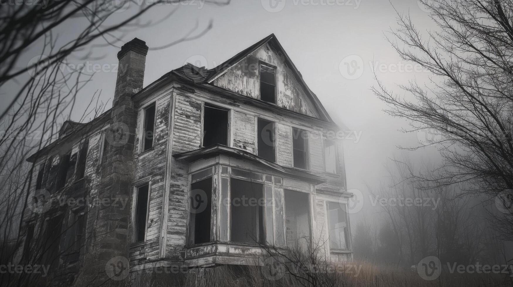 An old abandoned house in the fog photo
