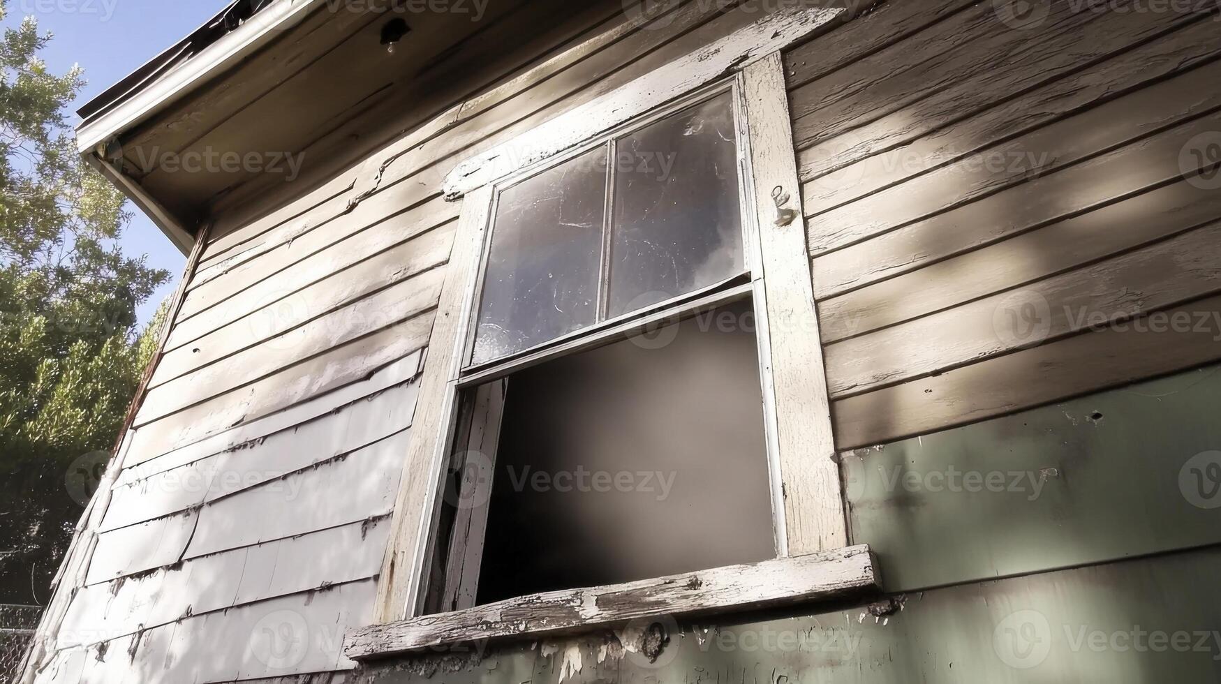 A window is open on a house with peeling paint photo