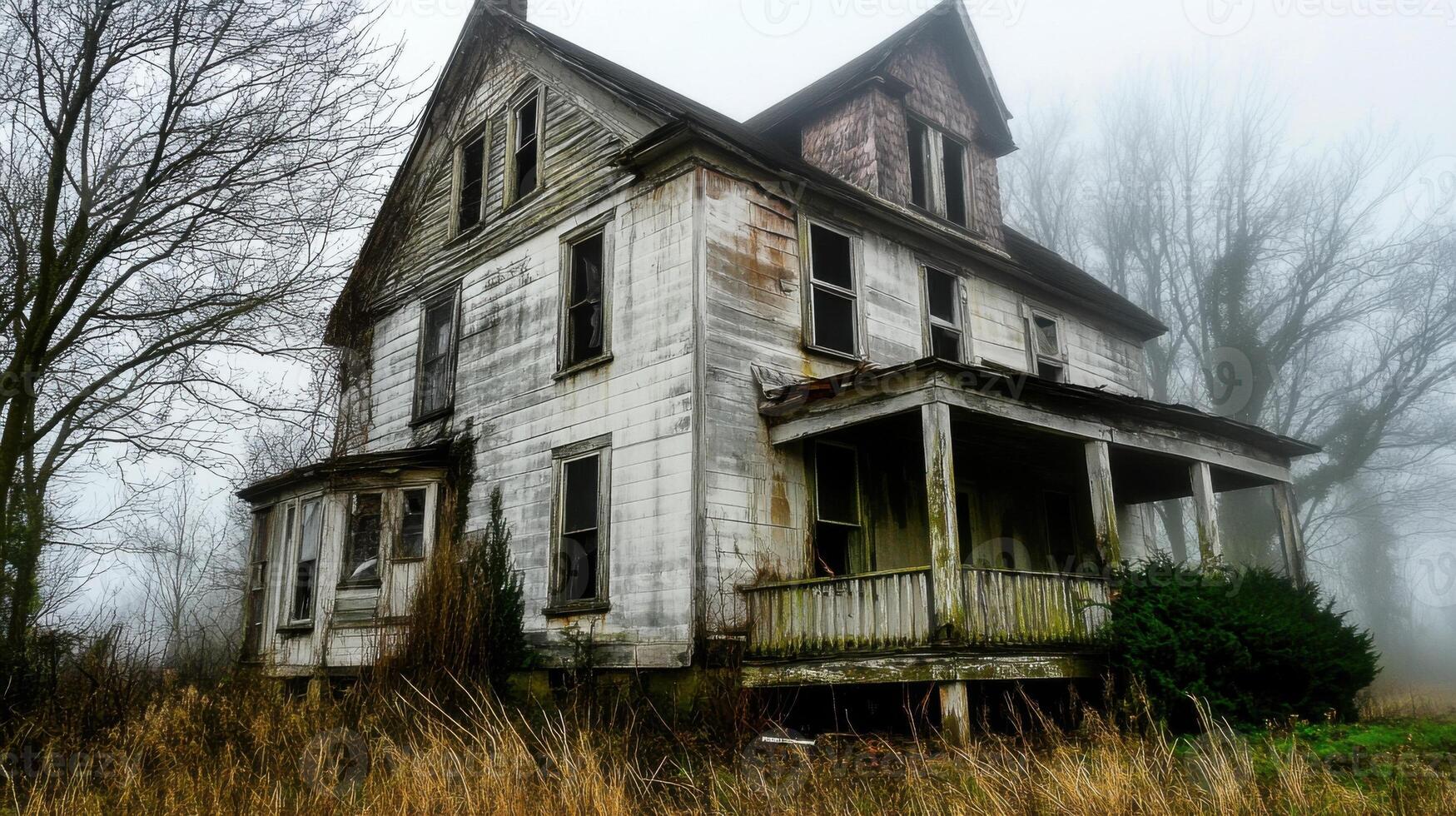 An old abandoned house in the foggy woods photo