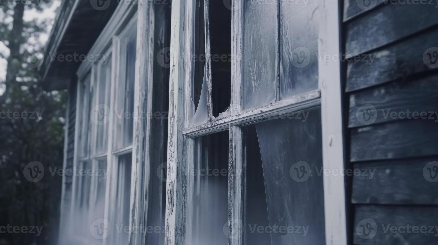 A window with a foggy window and a dark house photo