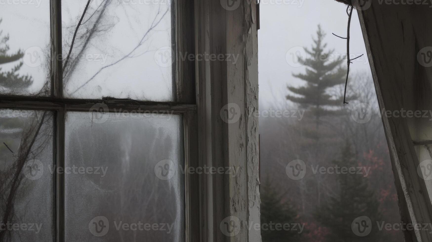 A window with a view of trees and fog photo