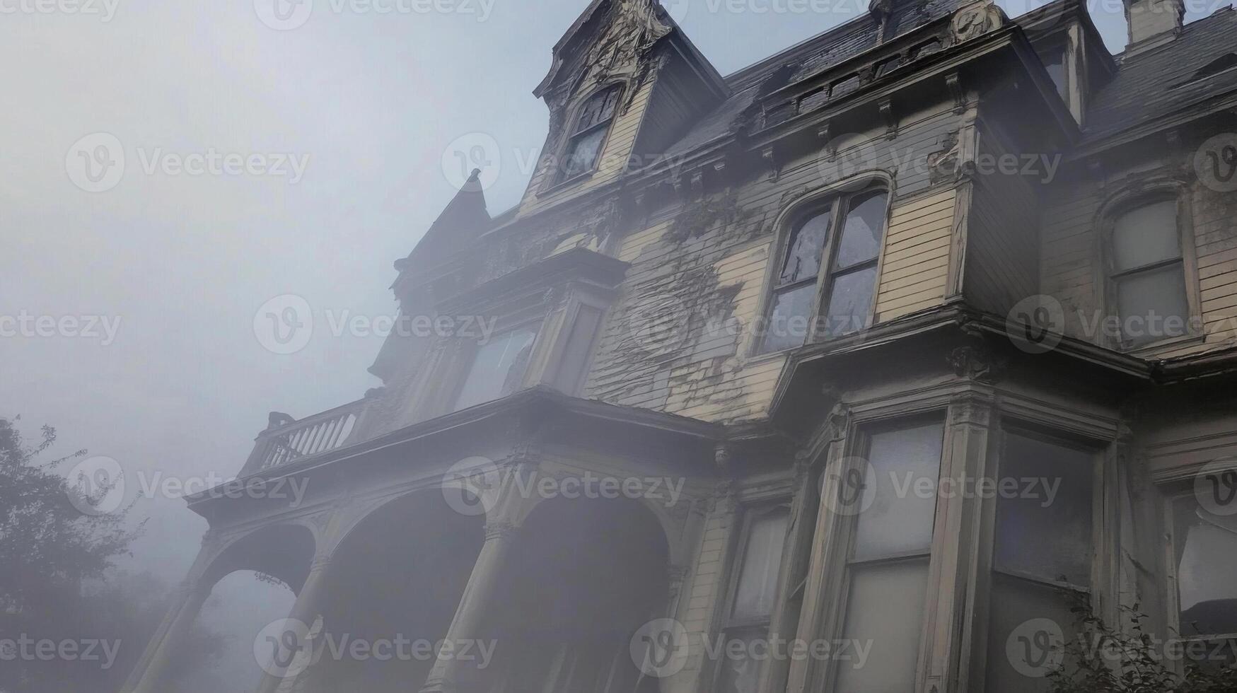 A foggy house with a large front porch photo