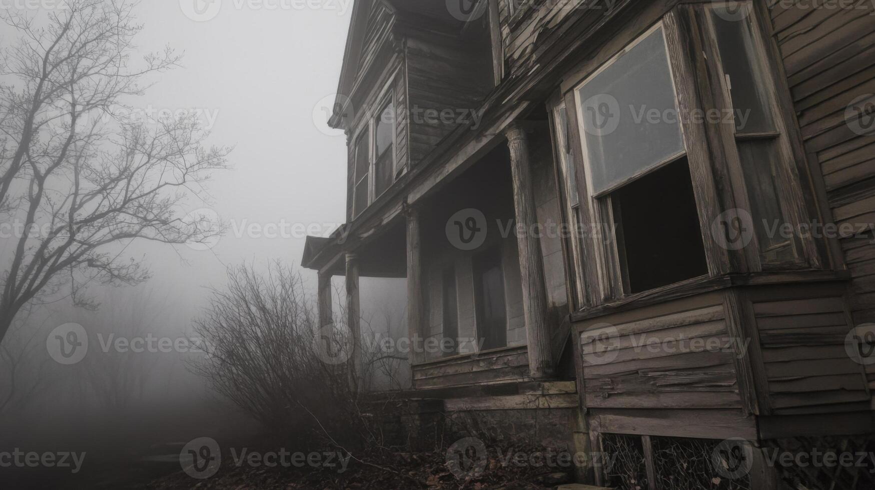 An old abandoned house in the fog photo