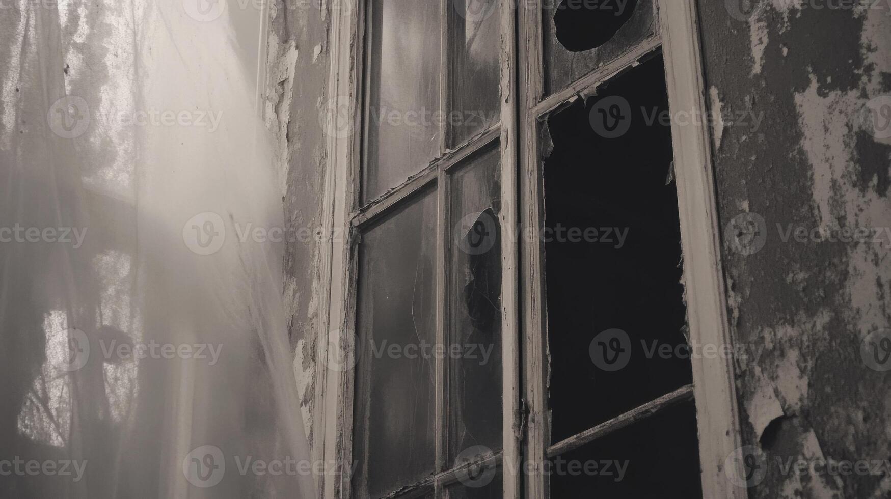 A black and white photo of a window with a curtain