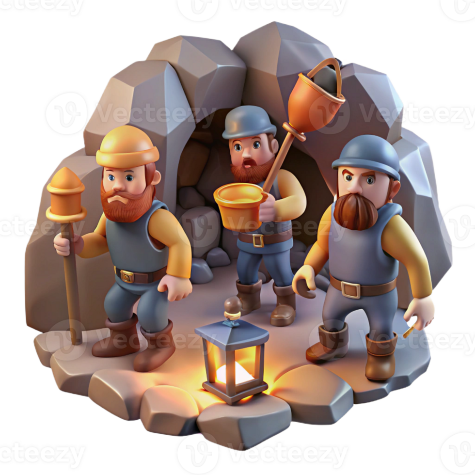 vibrant minimalist A Group of Dwarves Mining for Gems in a Ca detailed png