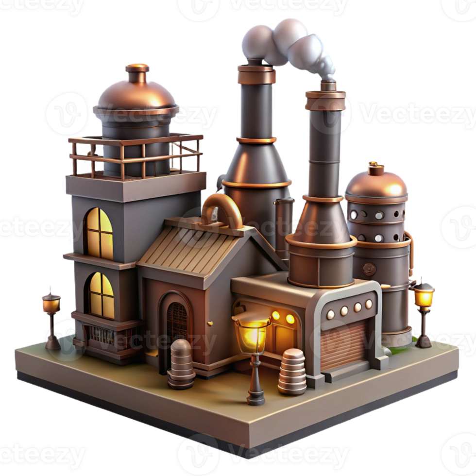 beautiful creative A Steampunk Factory with Towering Chimne premium png